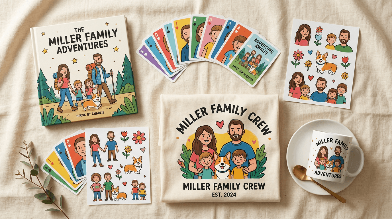 Toda la colección Famvas: libro, cartas, stickers, camiseta y taza personalizados