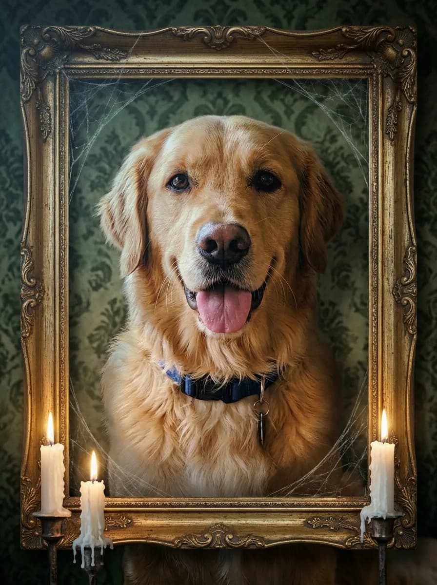 Un perro dentro de un cuadro antiguo con telarañas
