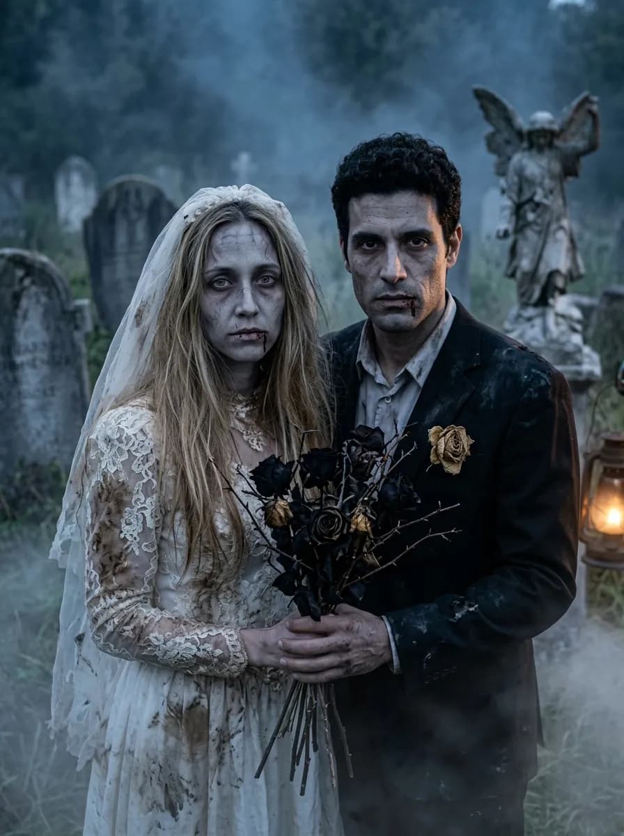 Una pareja de zombis recién casados en un cementerio