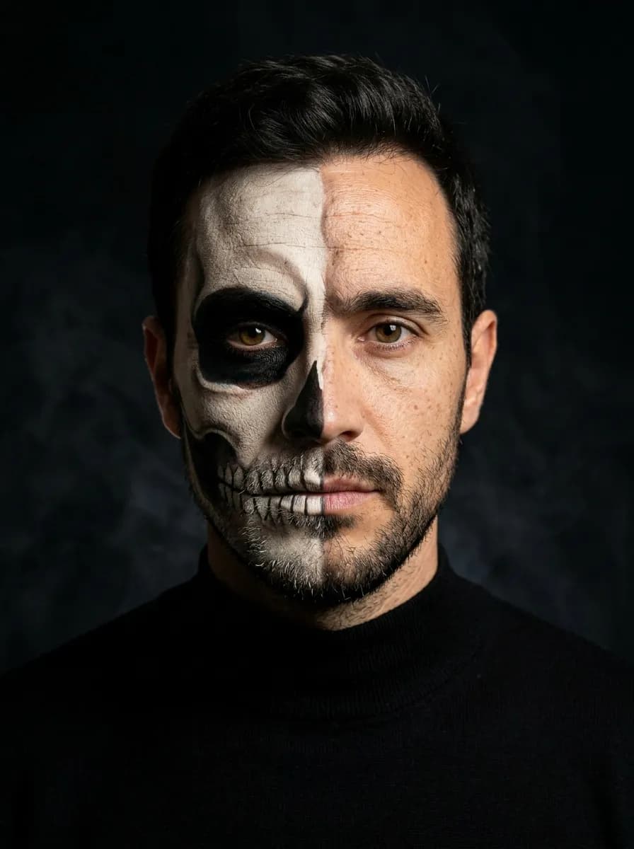 Un retrato con media cara maquillada de calavera